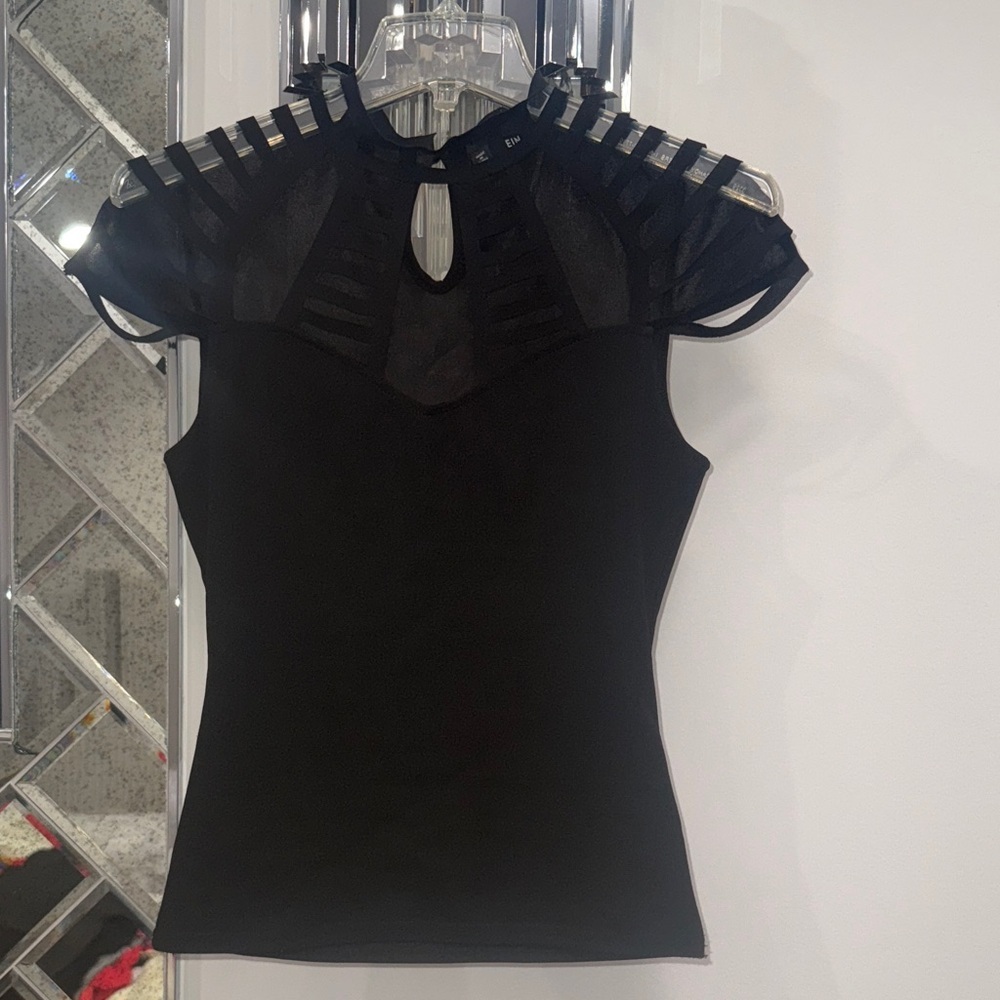 Elegant Black high neck cutout Women's short cap like sleeve Top